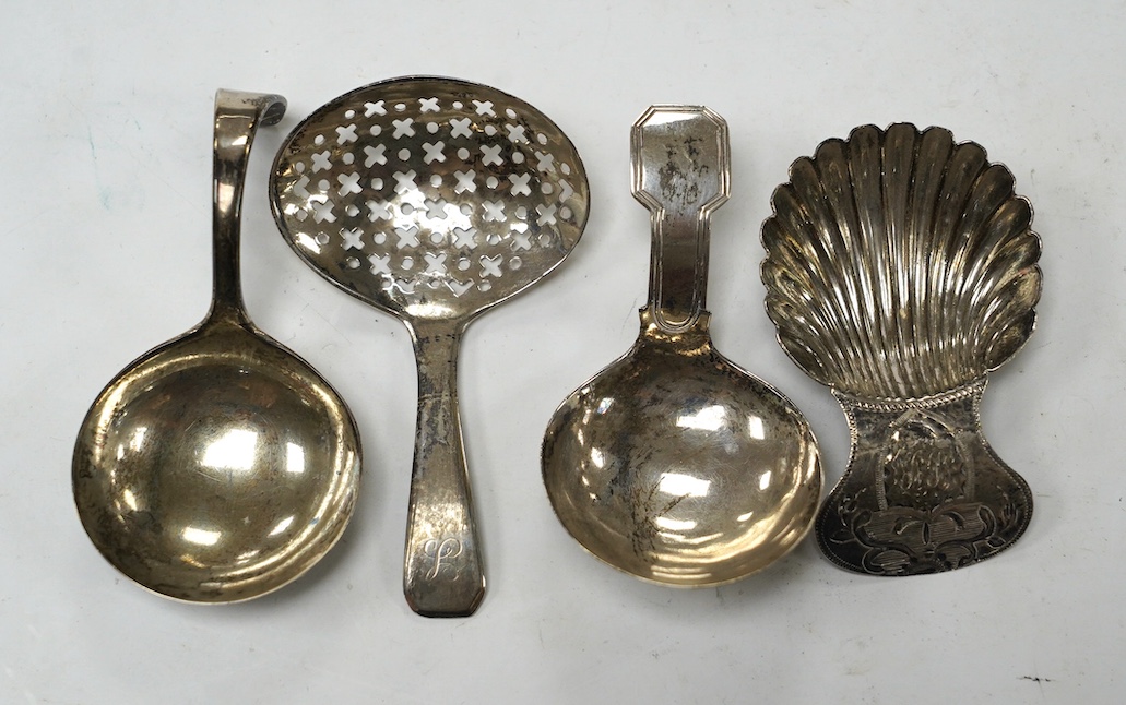 Four assorted silver caddy spoons, including Peter & Ann Bateman, London, 1793, 59mm, reeded handle, Joseph Wilmore?, Birmingham, 1807, pierced bowl, Alice & George Burrows, London, 1809 and curved handle John Lambe, Lon